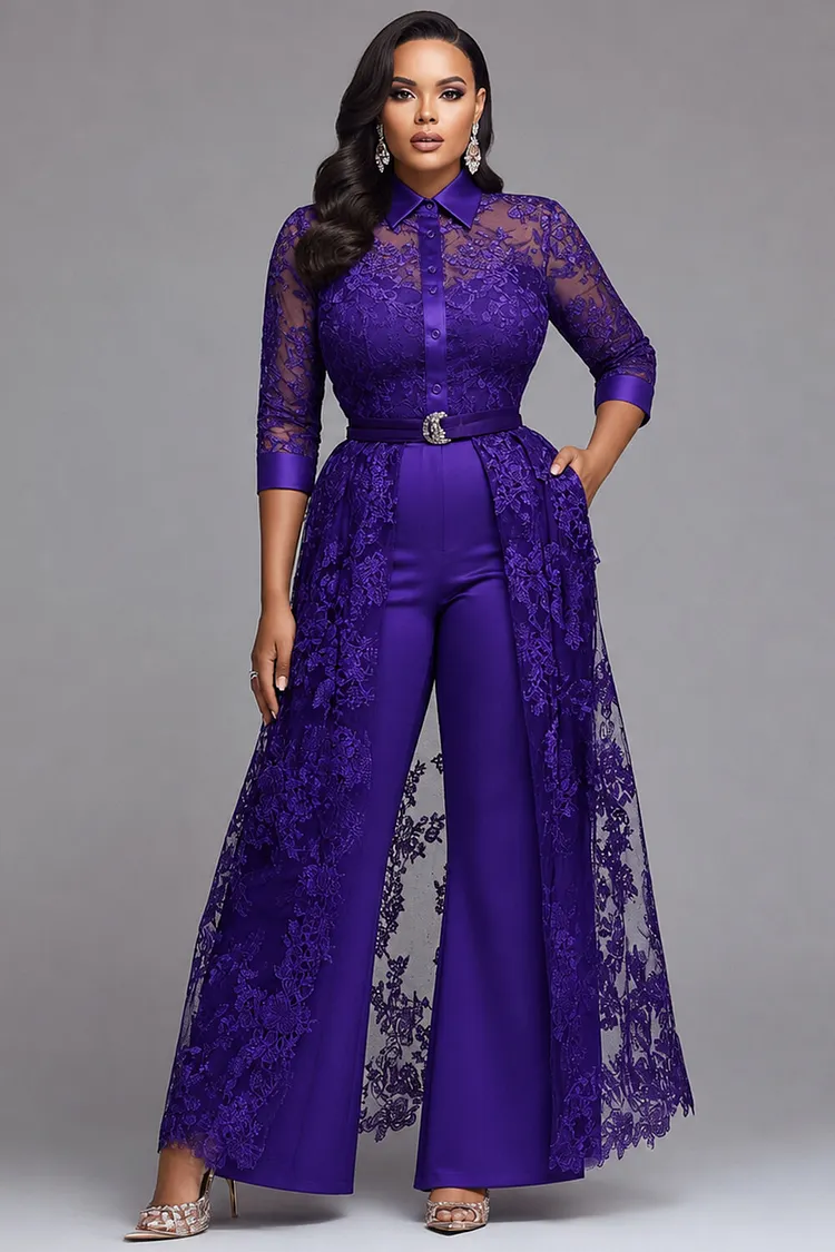 Xpluswear Design Plus Size Formal Satin Purple Shirt Collar 3/4 Sleeve With&nbsp;Skirt&nbsp;Overlay&nbsp;See Through Lace Jumpsuits [Pre-Order] 2024 - Xpluswear