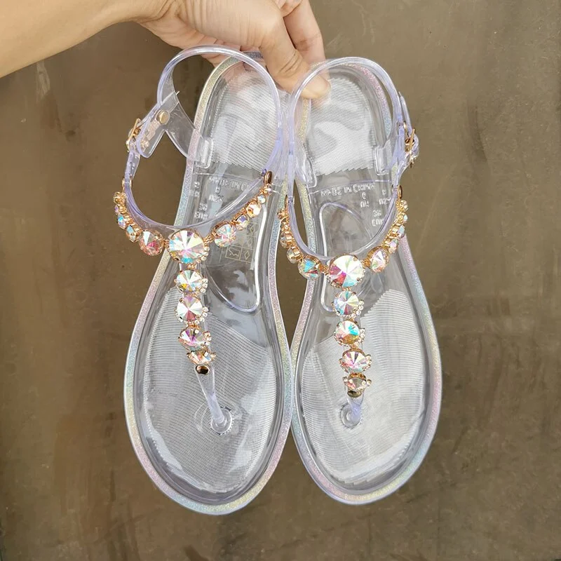 Qengg New Summer Beach Shoes Designer Women Sandals Flat Woman Shoes Clear Jelly Shoes Diamond Transparent Outdoor Ladies Sandals