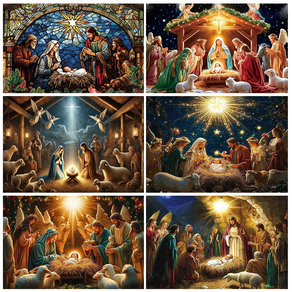 Tegooe Nativity Scene Christmas Backdrop Stained Glass Style Nativity Background Banner for Holiday Party Photo Booth Props