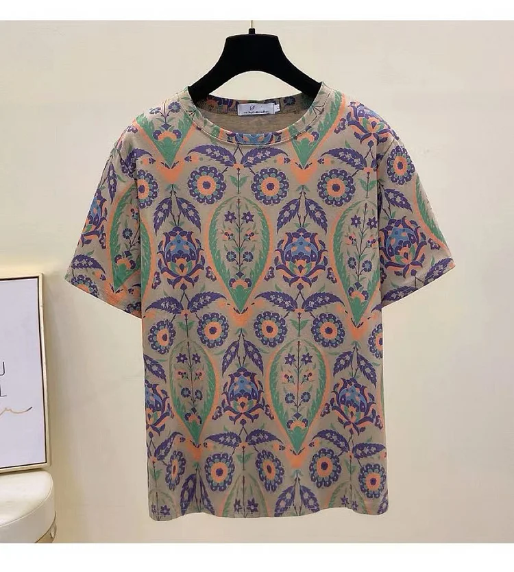 プラスサイズ【M-3XL】プリント 半袖 カジュアル ラウンドネック Tシャツ
