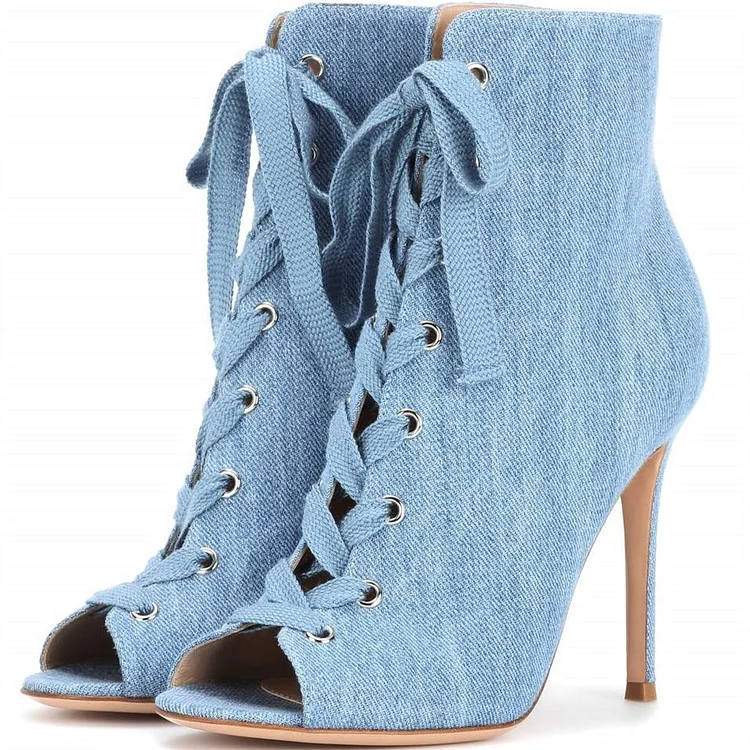 Lace-up Stiletto Heel Ankle Booties with Peep Toe in Denim Boots Vdcoo
