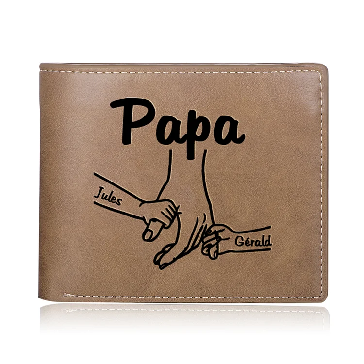 Kettenmachen Personalisierte 2 Namen Papa Hand & 2 kleine Hände PU Leder Kurze Geldbörse für Vater