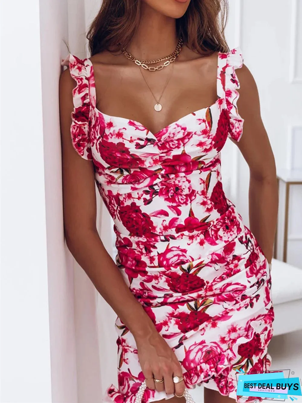 New Women's Ruffle Sleeveless Hip Wrap Floral Dress Women