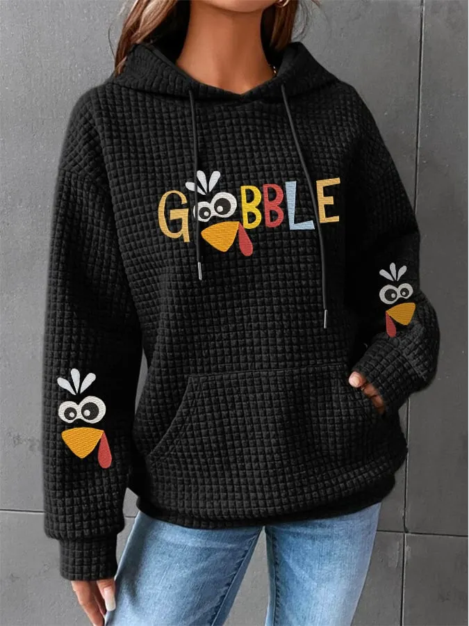 Women's Thanksgiving "GOBBLE" Printed Waffle Hooded Sweatshirt 