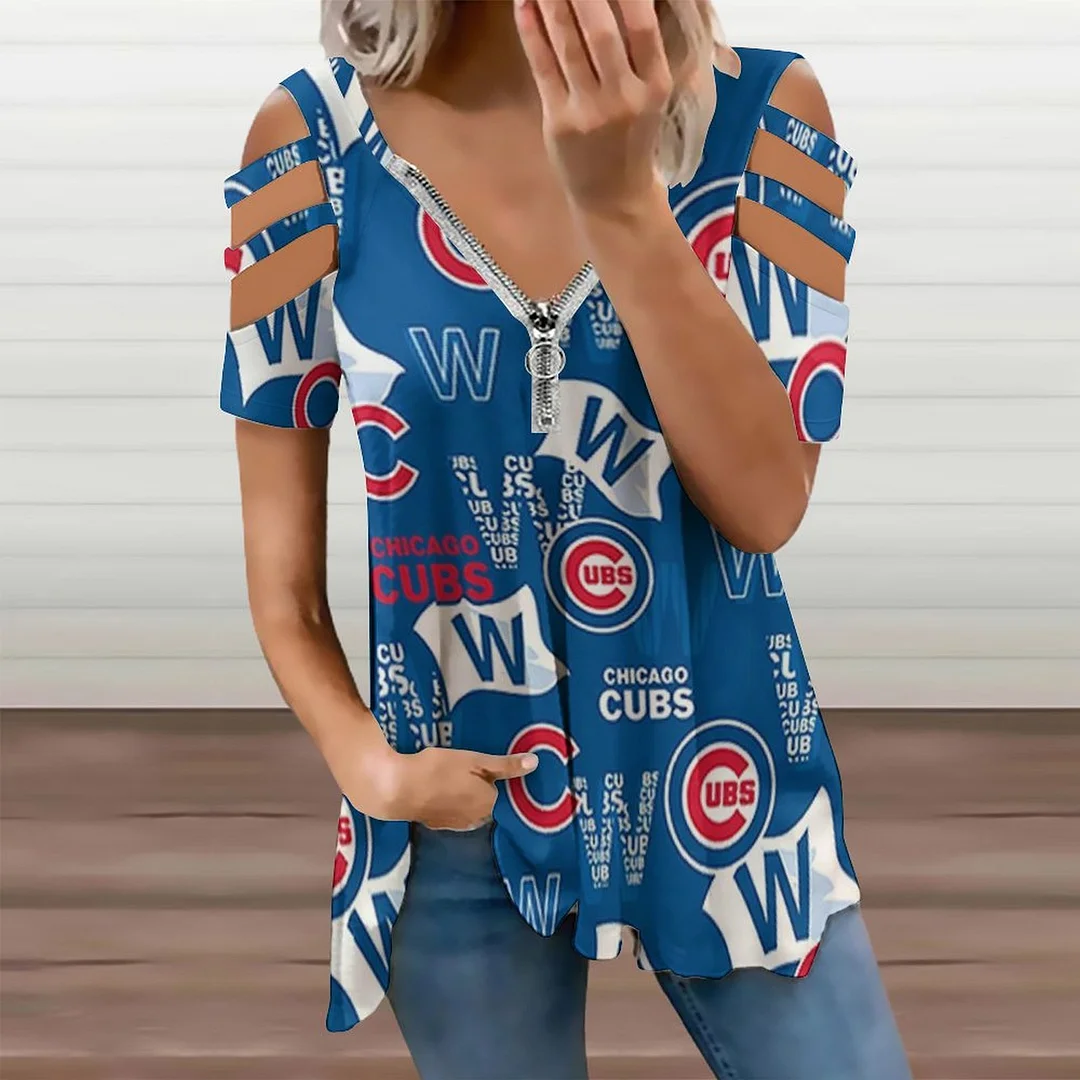 Shoulder Off V-neck Zipper Front Short Sleeve Casual T-shirt for Women Printed with Pattern,Blue,Red