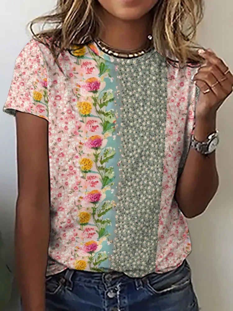 Printed Short Sleeve Casual T-shirt for  Women and Men Unisex Pattern Floral,Pink,Green,Stitch