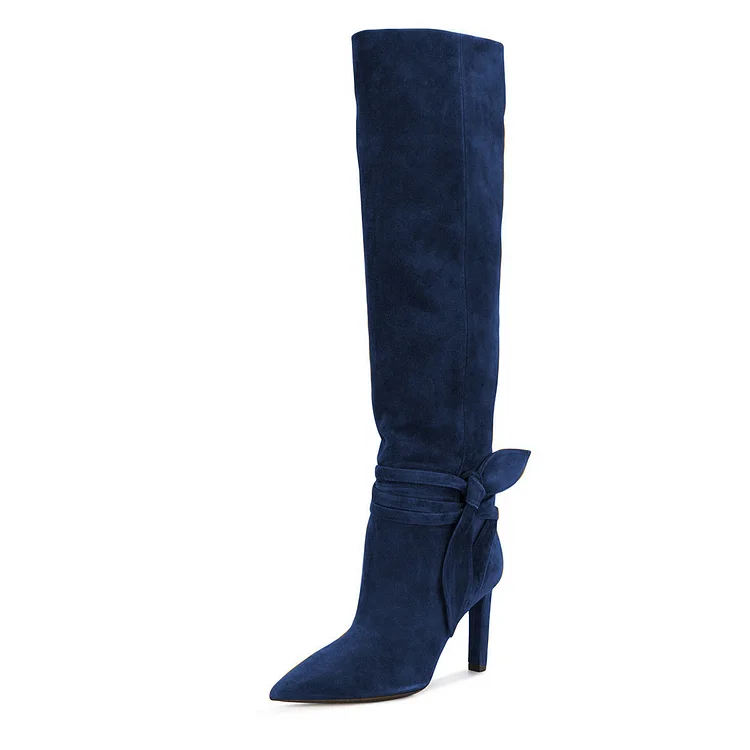 FSJ Navy Blue Boots Vegan Suede Bow Detailed Calf Length Fall Boots |FSJ Shoes