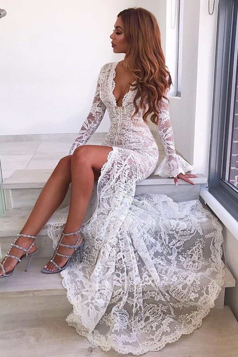 Elegant Long Sleeves Lace V-Neck Prom Dress Mermaid Online - lulusllly