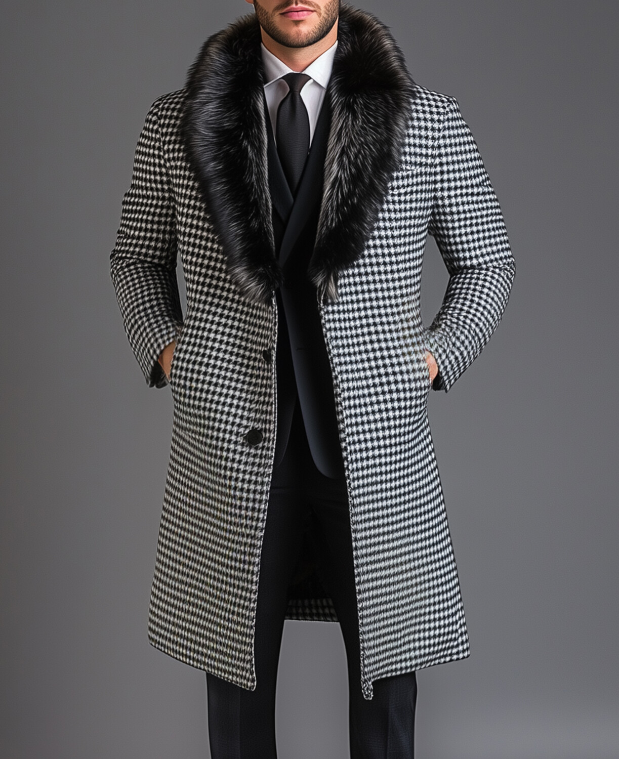 Okaywear Business Fluffy Lapel Single Breasted Pocket Houndstooth Overcoat