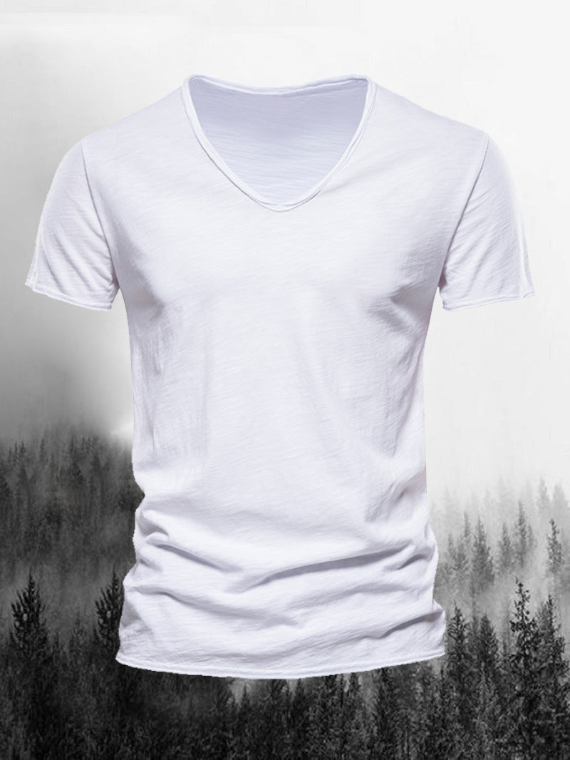 Men's Classic Slub Cotton V-neck Short-Sleeved Shirt
