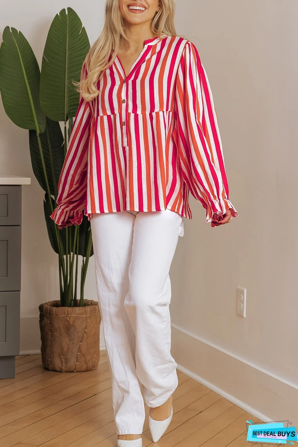 Orange Stripe Balloon Sleeve Notched V Neck Buttoned Front Blouse
