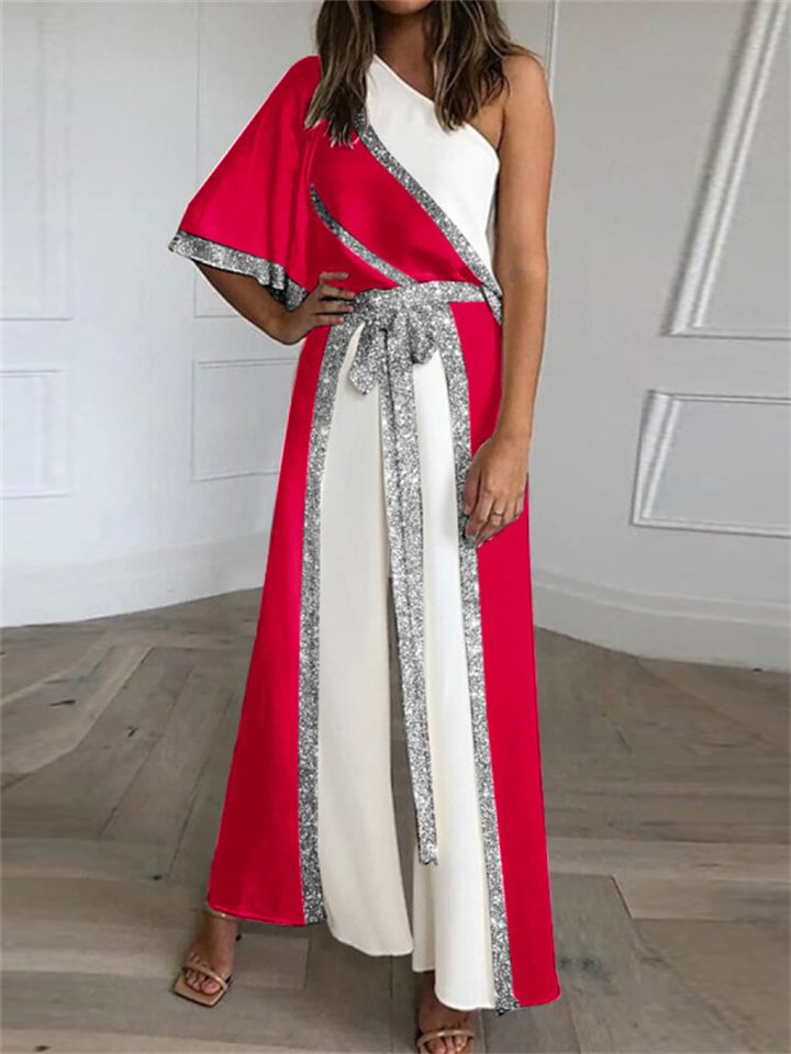 Women's New Fashion Solid Color Diagonal Neck One-piece Wide Leg Pants