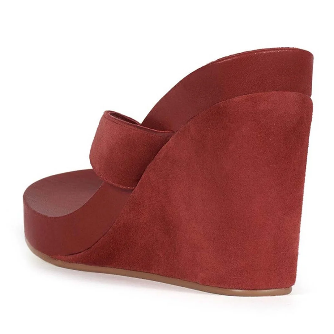 YDN Red Low Platform Open Toe Flip Flop Wedge Sandals for Women