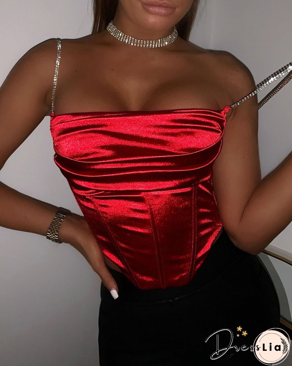 Studded Strap Satin Corset Top