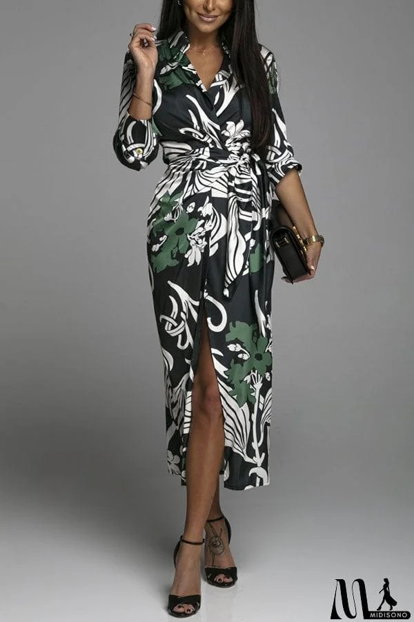 MidiSono - Lasting Daydream Printed Wrap Shirt Midi Dress