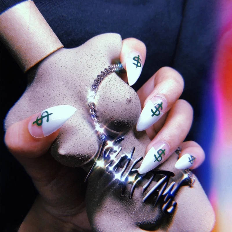 24PCS Dark Punk False Nails with Glue Gradient Long Detachable Fire Dragon  on Nails Skull Flame Art DIY Fashion Manicure Tool-Nail Inspo