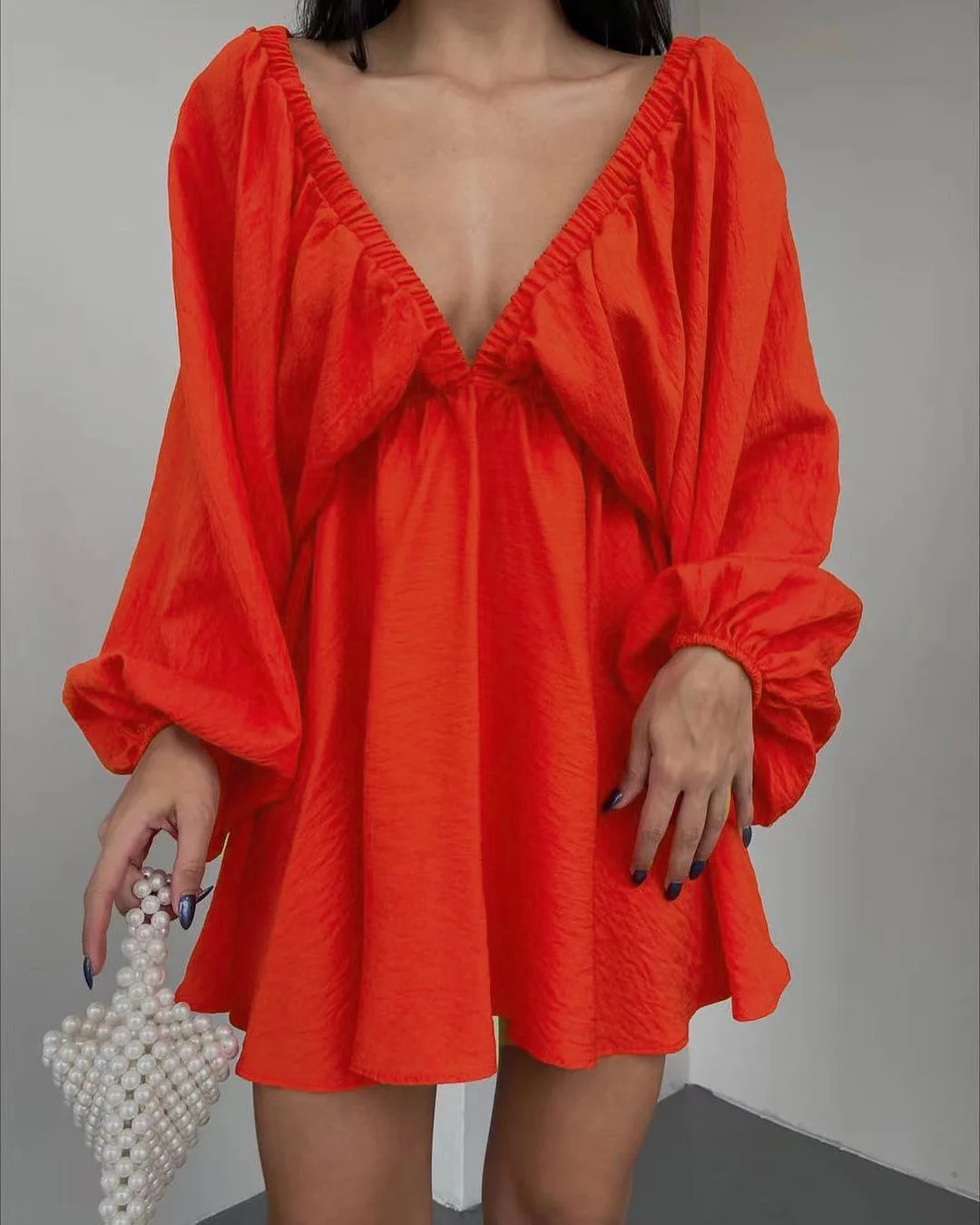 Nigikala Nigikala Autumn Women's Skirt Lantern Sleeve V Collar Sexy Temperament High-End French Retro Dress