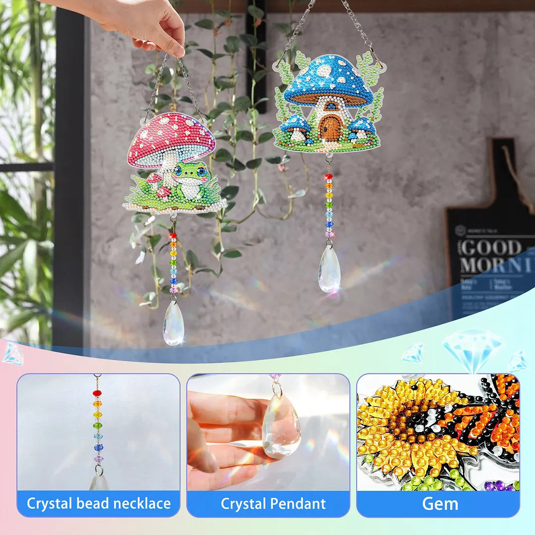 2Pcs Mushroom House DIY Double-Sided Diamond Painting Hanging Kits Diamond Painting Suncatcher Craft Kit for Home Garden Wall Decor Gift