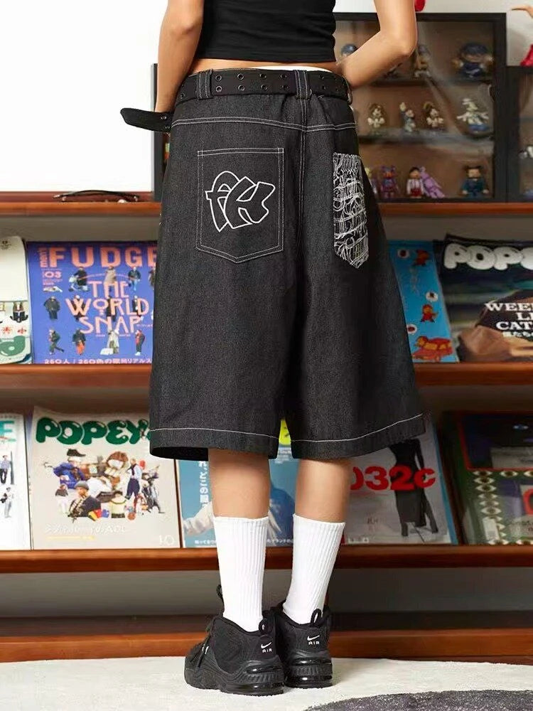 OLCooL Black Wide Leg Jeans Shorts Harajuku Vintage Oversize Embroidery High Waist Do Old Pants Y2k Causal Mujer Summer Bottoms olcool