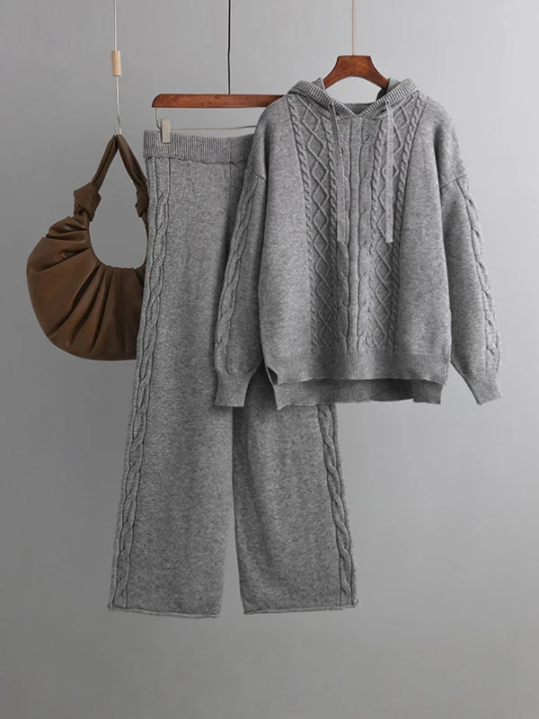 Urban Loose Solid Color Hooded High-Low Sweater Tops & Wide Leg Pants Two Pieces Set