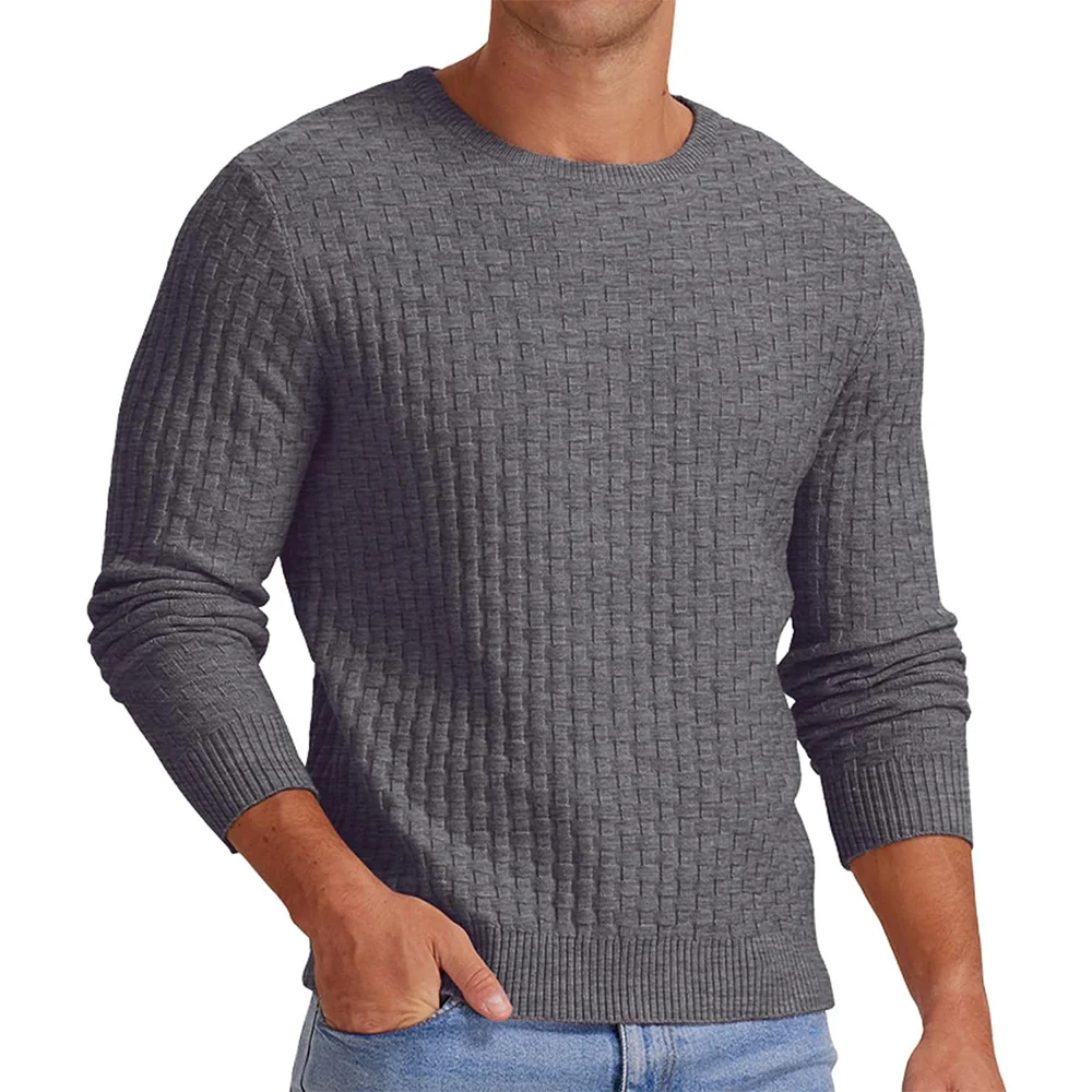 Wongn Wongn Men's New Waffge Solid Color Round Collar Long Sleeve Sleeve Sweater Fashion Casual Men's Sweater Top