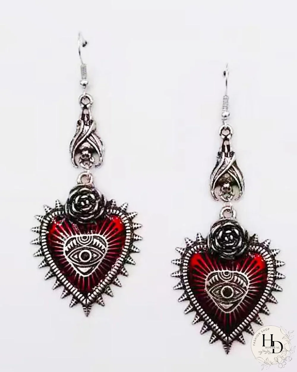 Pendientes colgantes en forma de corazón con flor de rosa punk gótica oscura de Halloween