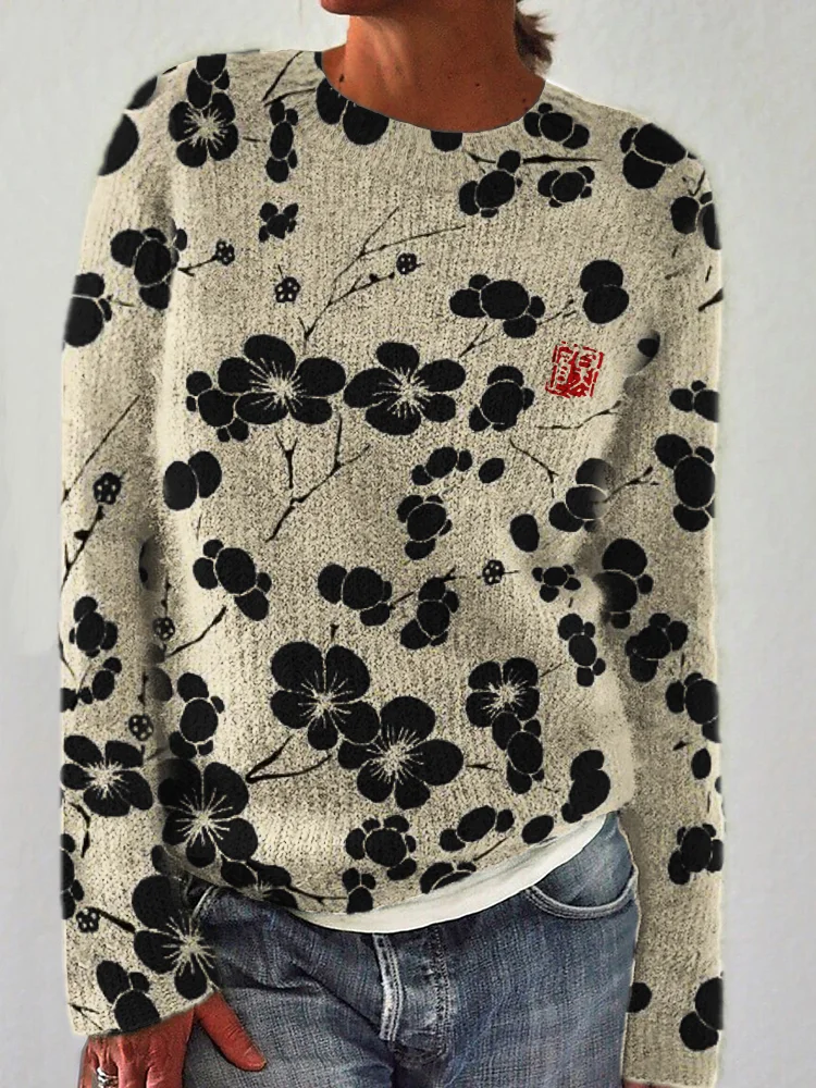 Cherry Blossom Japanese Lino Art Cozy Sweater