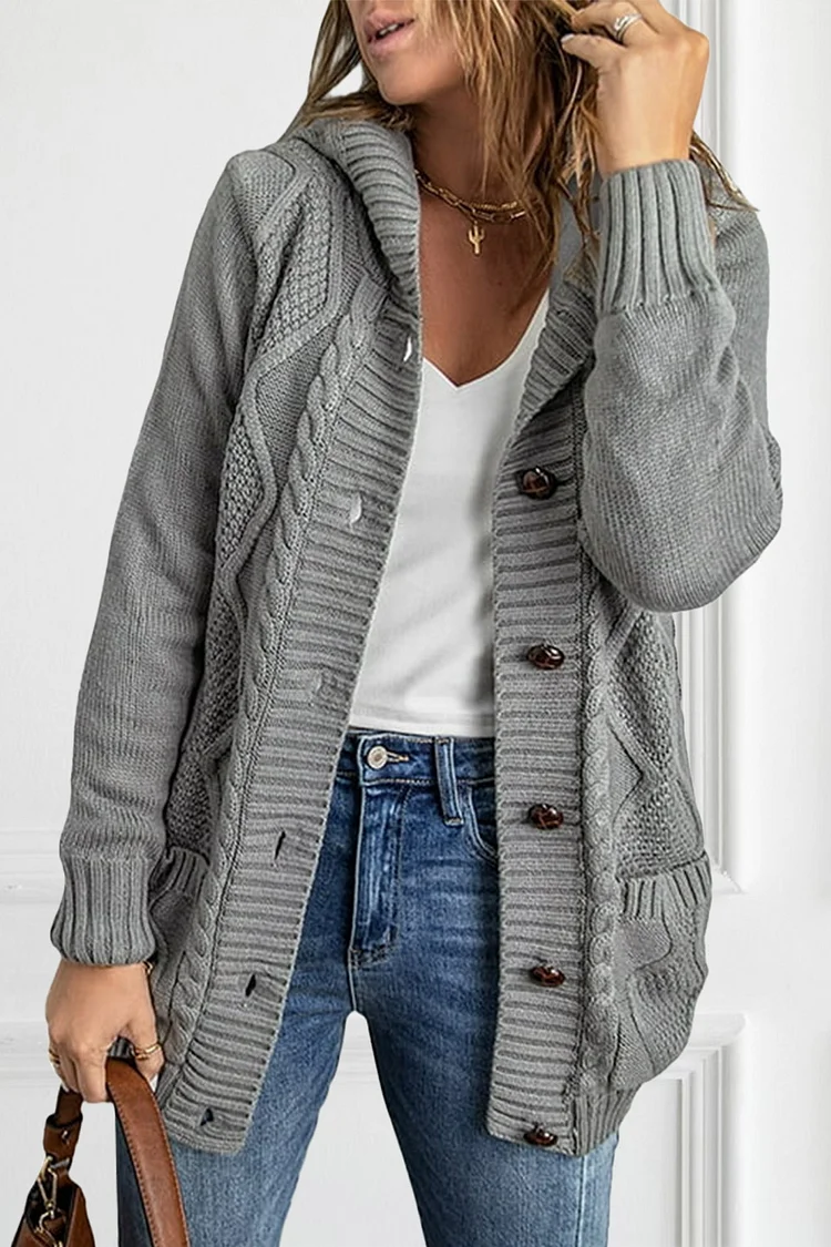 Flycurvy Plus Size Casual Grey Solid Color Twist Knit Hooded Buttons Long Sleeve Cardigan