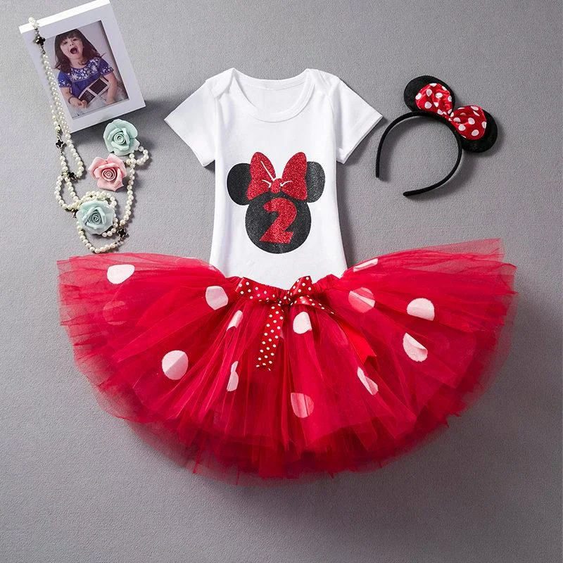 Mini Mouse Baby Girls Dress 1st Baptism Dress For Infant Girl 2 Years Old Baby Kids Clothes Polka Dots Summer Newborn Outfits