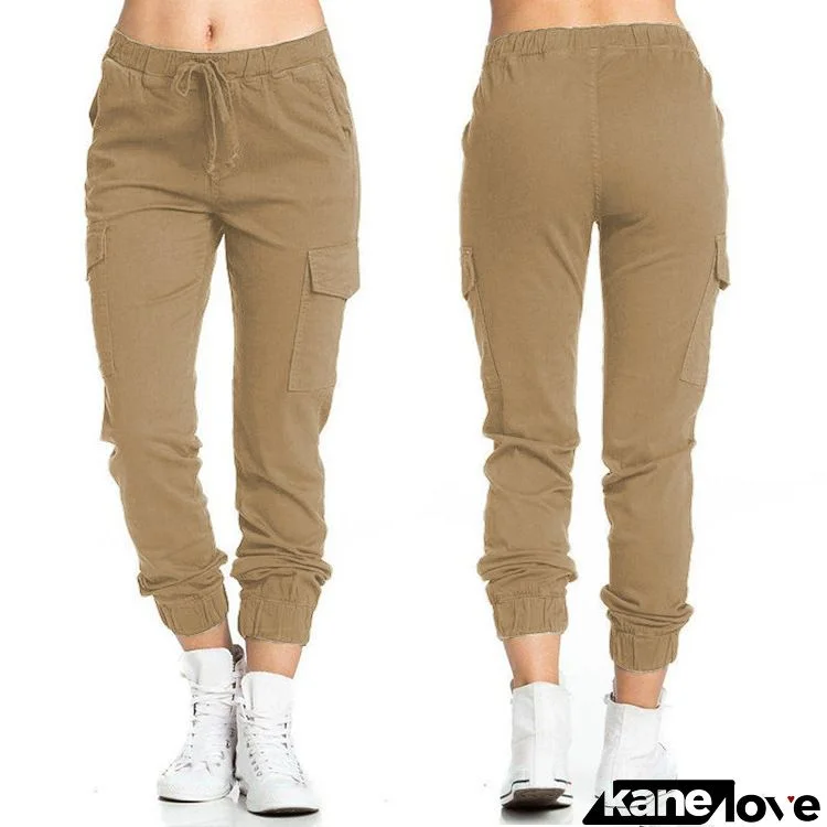 Women Plus Size Casual Elastic Waist String Side Pocket Solid Color Jogger Cargo Pants