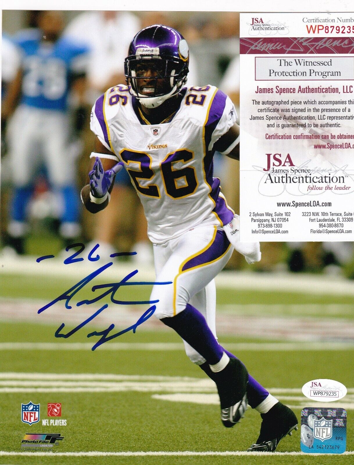 ANTOINE WINFIELD MINNESOTA VIKINGS JSA AUTHENTICATED ACTION SIGNED 8x10