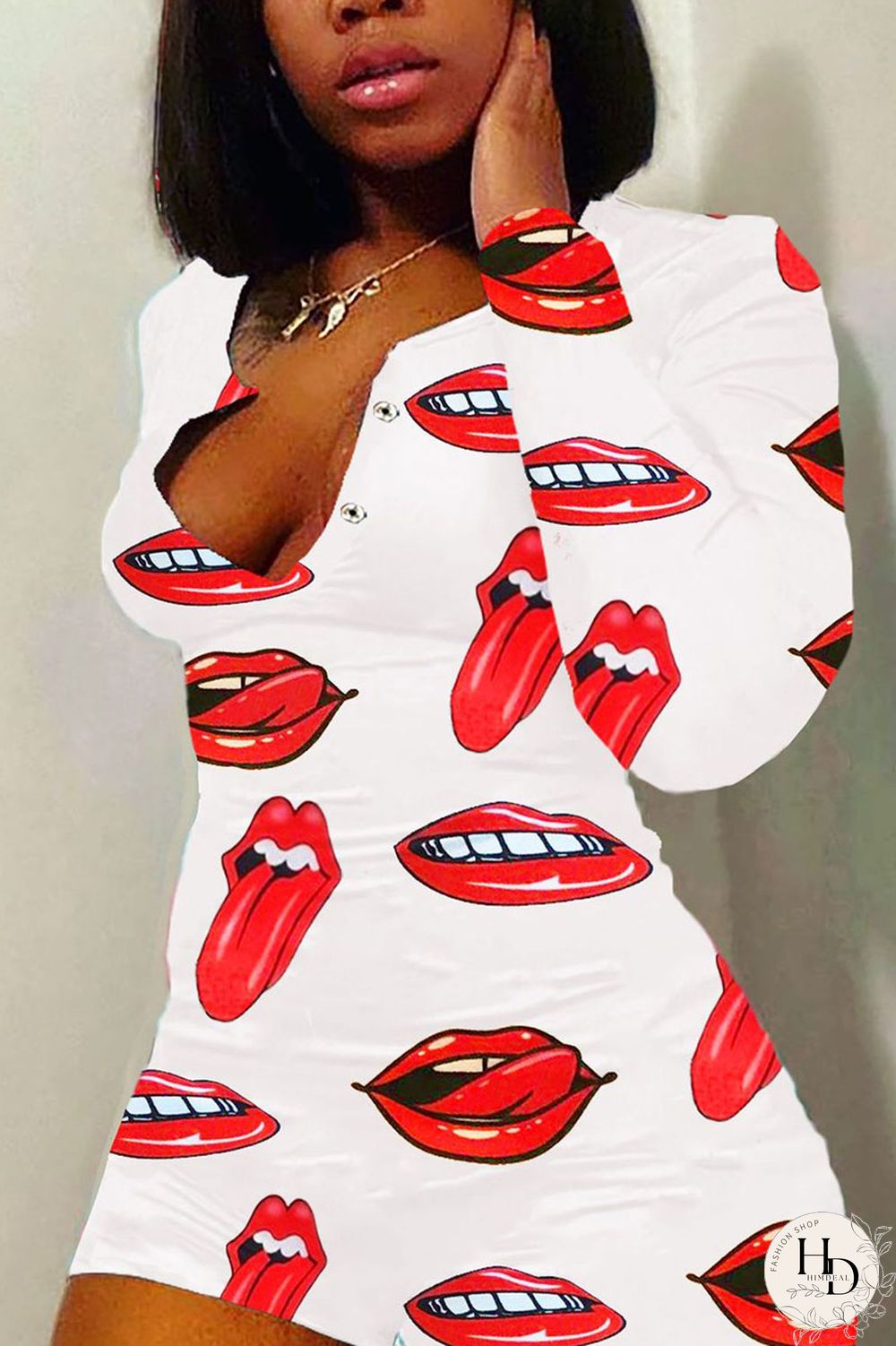 White Living Print Lips Printed Without Belt V Neck Regular Jumpsuits