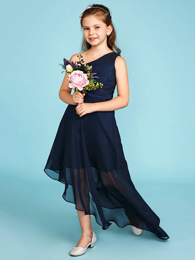 A-Line One Shoulder Asymmetrical Chiffon Junior Bridesmaid Dress With Side Draping / Wedding Party