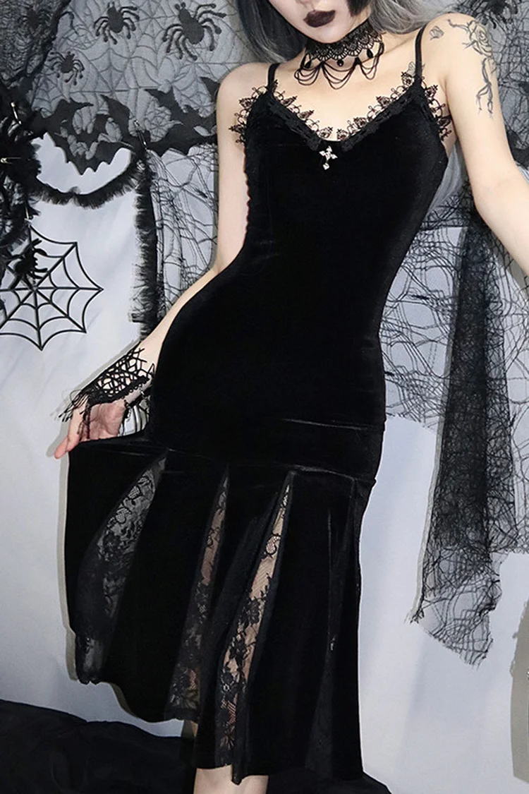 Gothic Black Party Velvet Lace Patchwork Split Cross Print Cami Fishtail Midi Dress