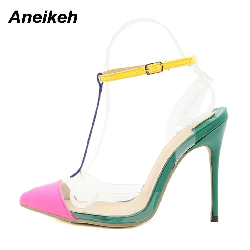 Aneikeh 2022 Fashion PVC Women's Pumps Ladies Shoes Pointed Toe T-Tied Mixed Colors Thin Heels Gladiator Sexy Slingbacks Party