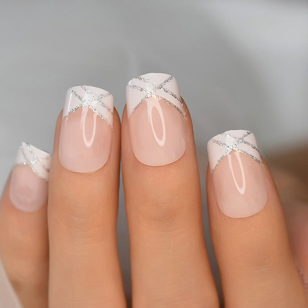 Nude Natural French Nail Fake Nails Short Length Designed False Nails Press On White Silver Glitter Tips