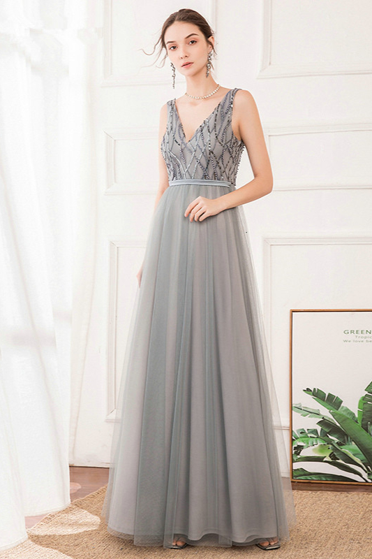 Bellasprom Galmorous Sleeveless Long Evening Gowns Tulle Prom Dress With Beadings V-Neck Bellasprom