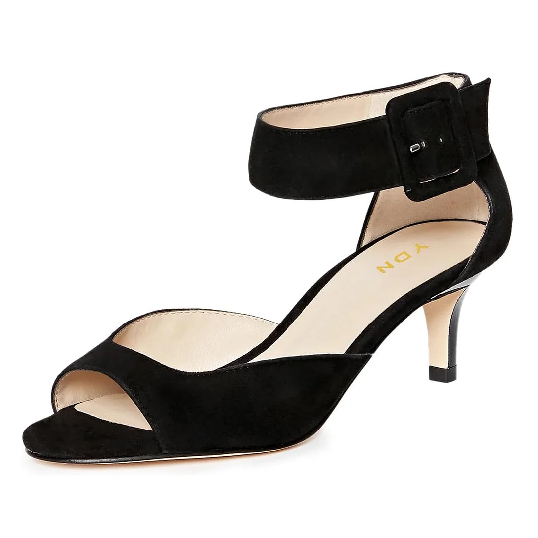 Black Vegan Suede Peep Toe Buckled Ankle Strap Kitten Heeled Sandals