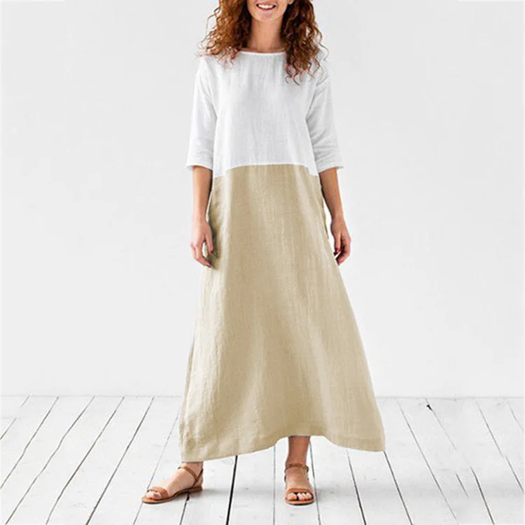 Loose Solid Cotton Linen Patchwork Dress Round Neck Seven Sleeve Skirt | EGEMISS