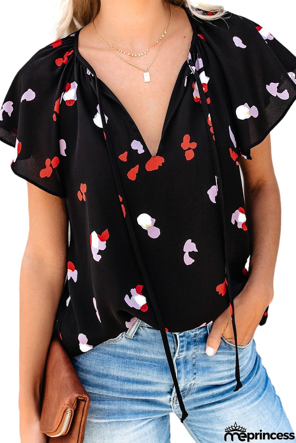 V-neck Short Sleeve Fashion Print Fantasy Fluttering Blouse
