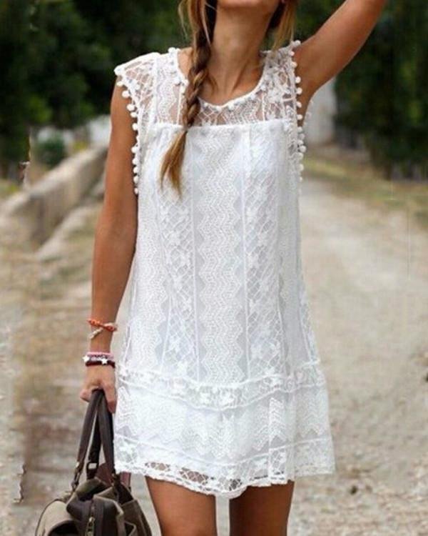 White and Black Lace Details Round Neck Sleeveless Dresses