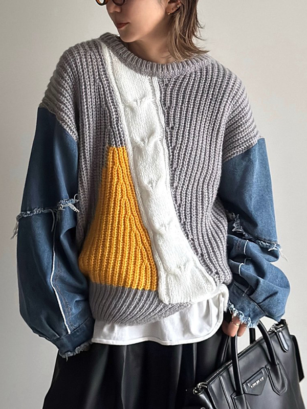 Denim Knit Patchwork Sweater