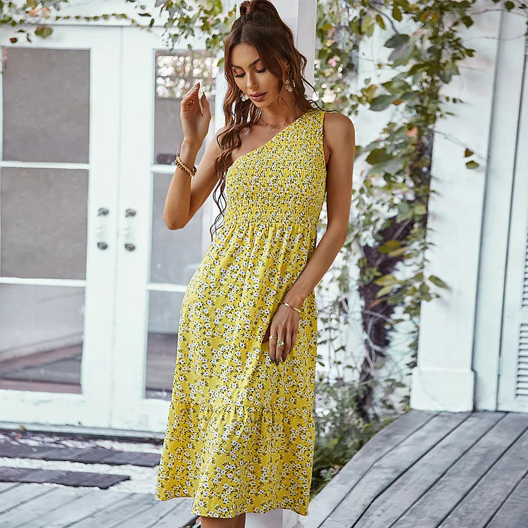Fashion Waistcoat Print One-way Neck Swing Vacation Dress