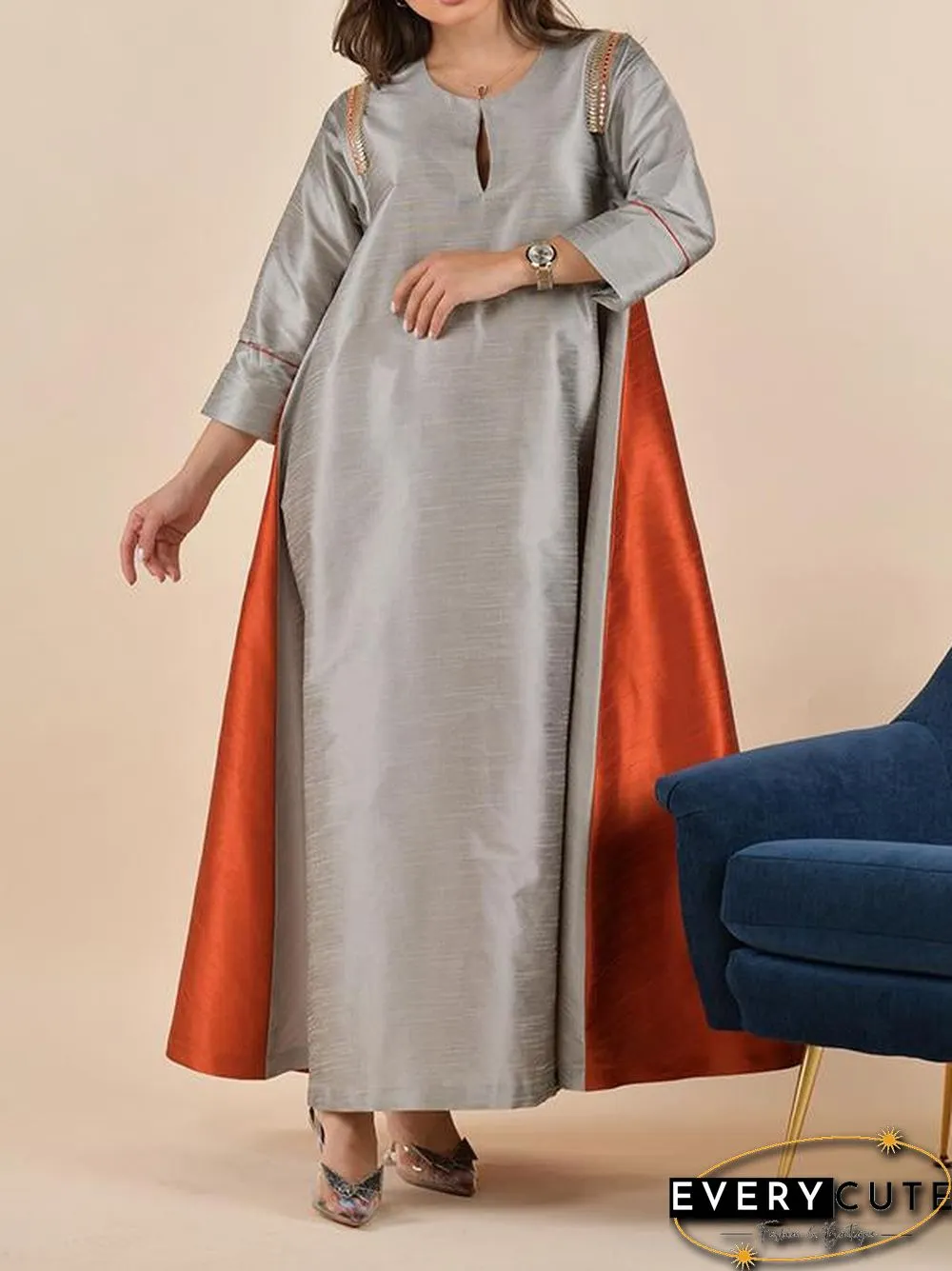 Simple Gray And Red Color Block Maxi Dress