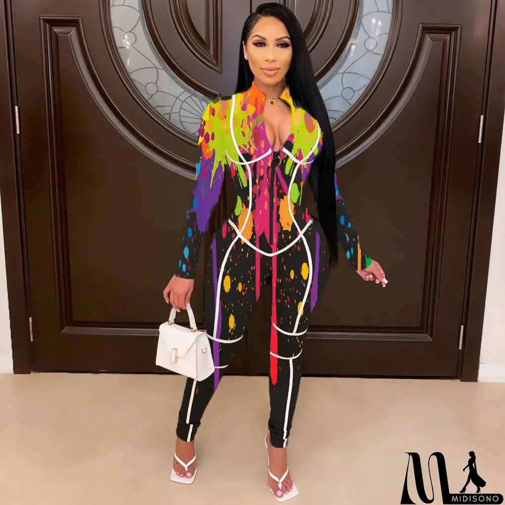 MidiSono - Fashion Printed Zipper Jumpsuit