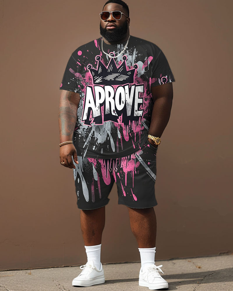Men's Plus Size Street Fashion Graffiti Crown Letter Print T-Shirt Shorts Suit
