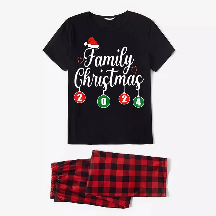 "Family Christmas" 2024 Letter Print Black Short Sleeve with Red & Black Plaid Pant Family Matching Pajamas