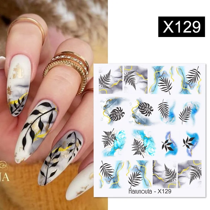Harunouta Black Lines Flower Leaves Water Decals Stickers Floral Face Marble Pattern Slider For Nails Summer Nail Art Decoration-Nail Inspo