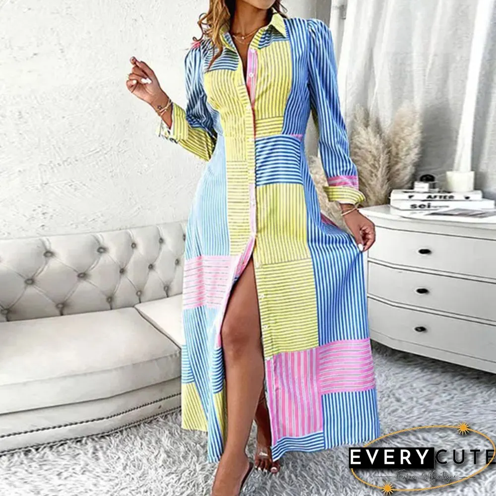 Fashion Blue Yellow Color Matching Striped Dress Ladies New Long Sleeve Lapel Maxi Shirt
