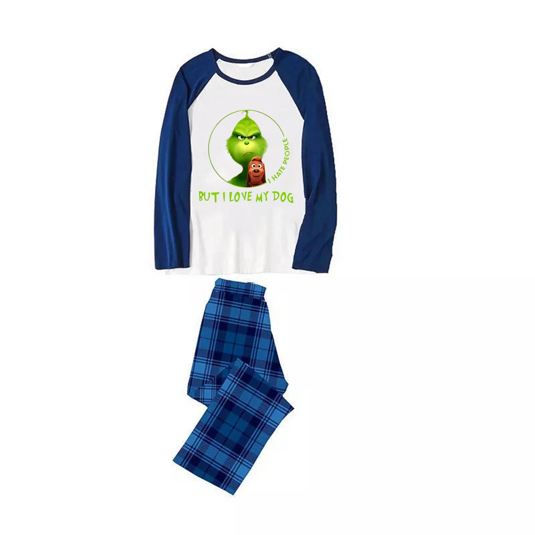 Cartoon Pattern and "I Hate People, But I Love My Dog" Printed Navy Blue and Black Plaid Christmas Family Pajamas